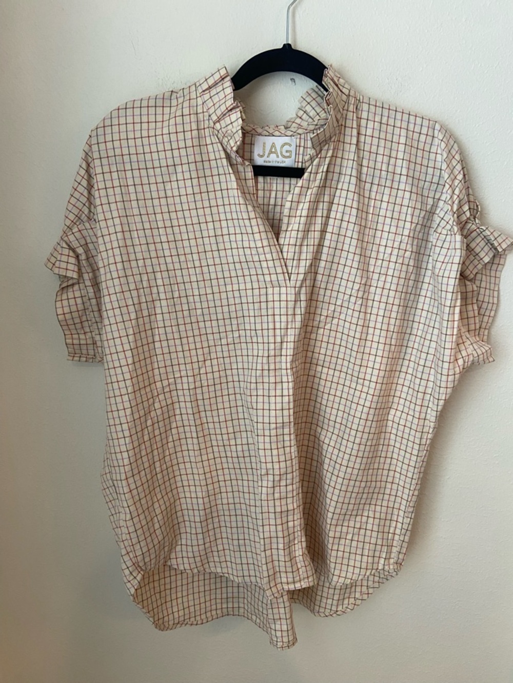 JAG Ruffle Neck Plaid Blouse XS Made in USA Cotton Check Top
